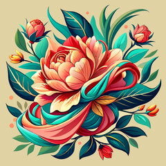 Belted Blooms: A Modern Scarf Design with Vibrant Tropical Flowers, Lush Leaves, Chain