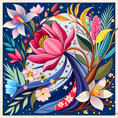 Belted Blooms: A Modern Scarf Design with Vibrant Tropical Flowers, Lush Leaves, Chain