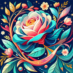 Belted Blooms: A Modern Scarf Design with Vibrant Tropical Flowers, Lush Leaves, Chain