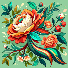 Belted Blooms: A Modern Scarf Design with Vibrant Tropical Flowers, Lush Leaves, Chain