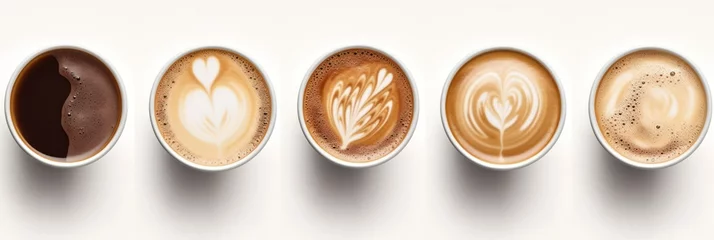 Tuinposter Set of paper takeaway cups of different latte art and black coffee isolated on a white background, top view © inthasone