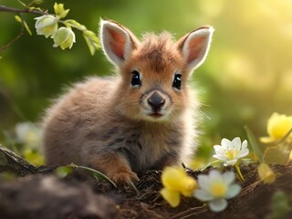 Nature’s Innocence: A Fluffy Squirrel’s Exploration Amongst the Colorful Petals of Spring Flowers, generative AI