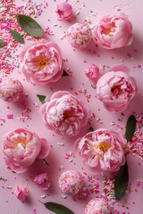 A top-down image featuring pink peony roses and sprinkles on a pastel pink background with space for customization