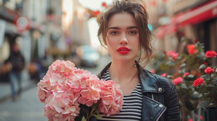 Glamorous young woman with bold red lips and leather jacket holding hydrangeas.