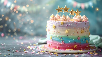 A stunning birthday cake adorned with pastel rainbow colors, festive bunting, and golden star cake...