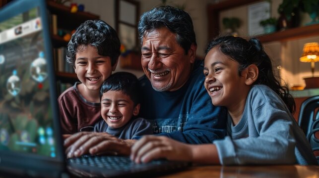 Latin parents and their two children are happily engaging in online entertainment on a laptop