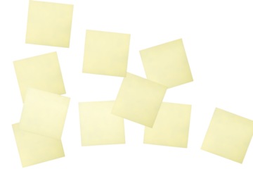 viele gelbe freigestellte notizzettel mit Schatten auf einem transparentem Hintergrund