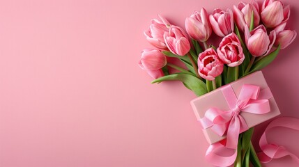 A stylish pink gift box with a ribbon bow and a bouquet of tulips