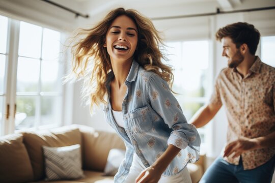 couple dancing in the living room. happiness. ai generated