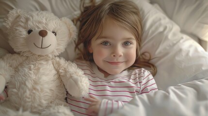 Child in striped pajamas lying in bed holding a bear, looking happy and cozy.