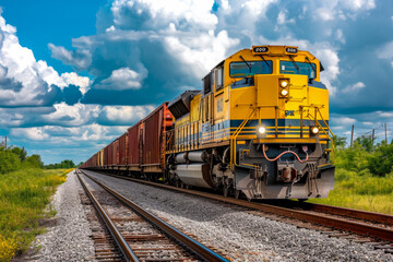 train with a yellow color and a locomotive shape and a freight overlay on the front