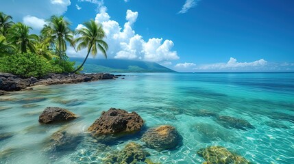 Obraz premium Tropical seascape with clear water in the sea, palm trees on the shore on a sunny day, perfect place for relaxation