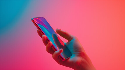 hand holding smart phone on colorful background - obrazy, fototapety, plakaty