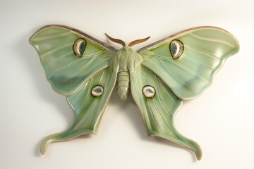Ceramic Sculpture of a Luna Moth, White Background - obrazy, fototapety, plakaty