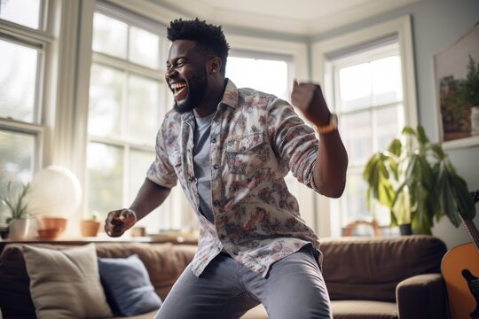 excited man dancing in the living room. ai generated