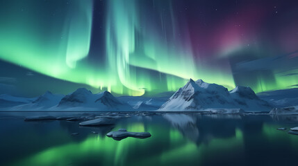 Obraz na płótnie Canvas Northern Lights, Aurora Borealis, Snowy Mountains at Night