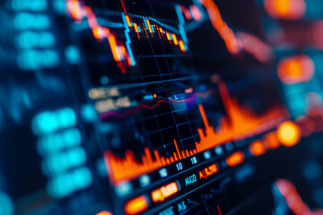 close-up of a cryptocurrency exchange rate chart. The chart is dynamic and informative, and there are other charts in the background