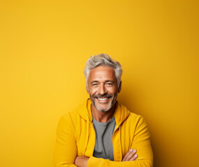 older smiling men on a yellowbackground
