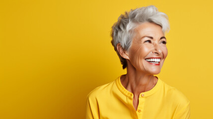 older smiling woman on a yellow background
