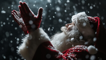santa clauses hands are in the air in a snowy background - obrazy, fototapety, plakaty