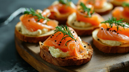 cheese, red fish and arugula sandwich on a board, selective focus, copy space