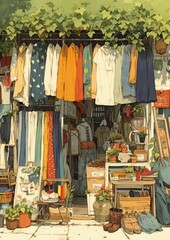 A watercolor depiction of a vintage clothing market, with stalls full of colorful, retro garments and accessories, showcasing the appeal of thrifted fashion