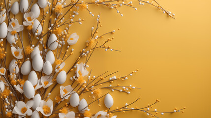Minimalistyczne żółte tło na życzenia Wielkanocne. Alleluja - Wesołych świąt Wielkiej Nocy. Jajka, kwiaty i inne wiosenne dekoracje. - obrazy, fototapety, plakaty