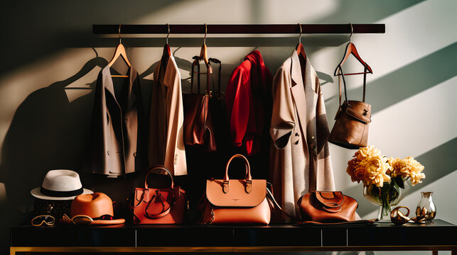 Dressing avec v&ecirc;tements suspendus sur un portant, sacs, et chaussures