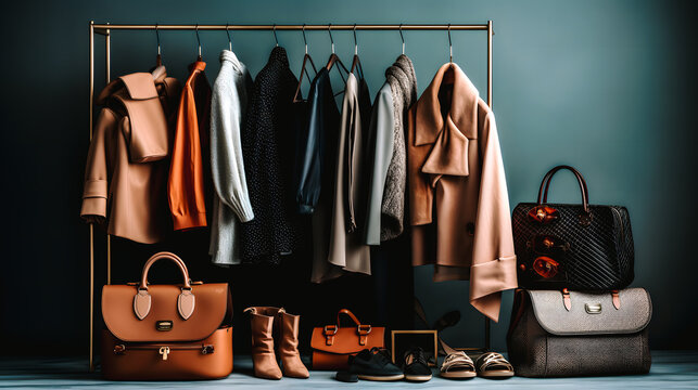 Dressing avec v&ecirc;tements suspendus sur un portant, sacs, et chaussures