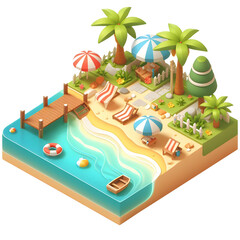 sea beach isometric 3d  design Illustration on transparent background PNG