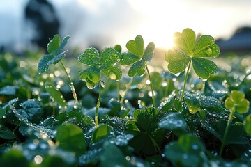 Clover leaves with dew drops in the morning rays of the sun. Banner for St. Patrick's Day