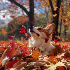 Leafy Playtime: A Corgi Revels in the Splendor of Autumn, Playfully Immersed in Colorful Leaves, Perfect for Seasonal Dog Themes