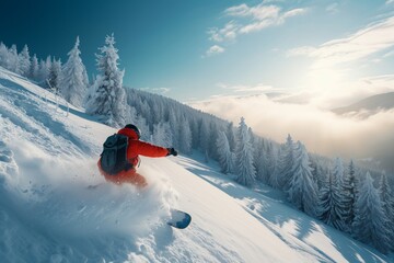Snowboarder rides on a snowy mountain slope