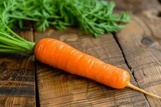 carrot with a orange color and a green top and a healthy overlay on the side