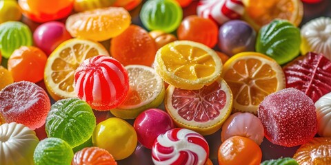 Colorful hard candies pile. Small shiny lollipop pile, fruit confectionery group, round sweets...