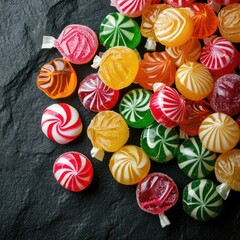 Colorful hard candies pile. Small shiny lollipop pile, fruit confectionery group, round sweets candies