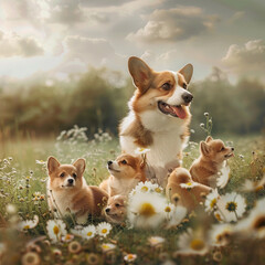 Mother's Day in Meadows: Pembroke Welsh Corgi Mom with Puppies Enjoying Summer's Embrace in a Photo-Realistic Green Field