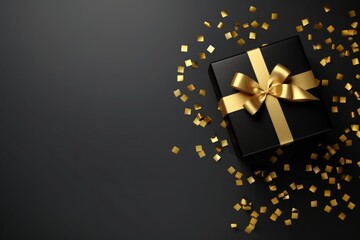 Elegant Black Gift Box with Golden Bow on Dark Background. Luxurious black gift box with a shimmering golden bow surrounded by gold confetti on a dark backdrop.