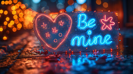 Romantic Neon ‘Be Mine’ Sign with Heart and Star, Illuminated Love Message for Valentine’s Day or Anniversaries