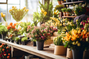 Fototapeta na wymiar Bustling Floral Shop Filled with a Variety of Blooming Fresh Flowers and Charming Decorative Elements