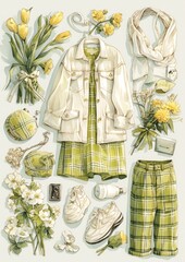 A watercolor illustration of a chic, sustainable fashion outfit laid out on a minimalist background, highlighting eco-friendly clothing and accessorie