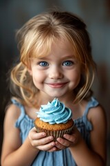 An attractive and lovely portrait of a cute, smiling girl enjoying a delicious cupcake with cream.