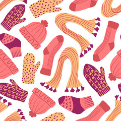 Socks, hats, mittens, scarves seamless pattern. Winter fall season cute repeat pattern with warm clothing accessories. Cold season print.
