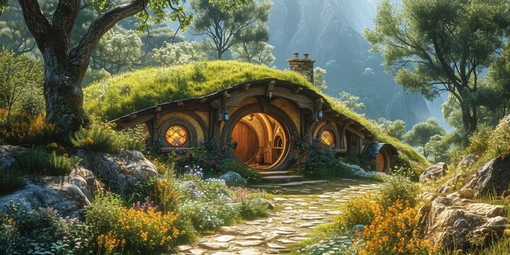 A cozy house with a beautiful grassy roof, set in a prosperous and picturesque landscape, with a touch of fantasy.