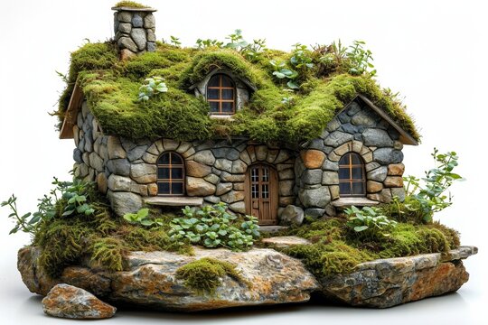 Enchanting miniature fantasy cottage nestled in a green landscape with moss-covered roof and vintage charm.