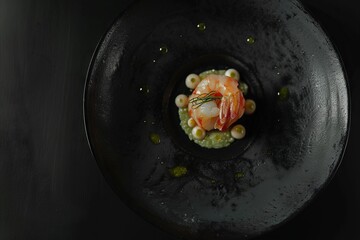 Shrimp Dish on Black Plate: Top View on Black Background