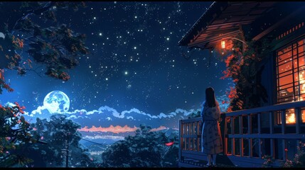 Peaceful end Sumiyo on her balcony gazing at the stars grateful and hopeful for tomorrow - obrazy, fototapety, plakaty