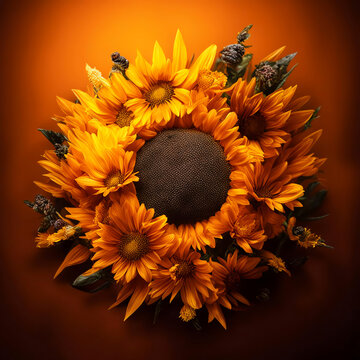 bouquet of sunflowers, orange color. artificial intelligence generator, AI, neural network image. background for the design.