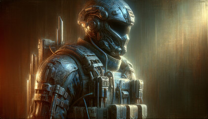 Fototapeta na wymiar Futuristic soldier in advanced combat armor, reflecting distant battle in visor.