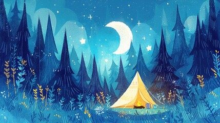 A watercolor illustration of a cozy campsite nestled in a forest clearing, with a tent, campfire, and starry sky above, evoking the essence of digital detox and reconnection with nature